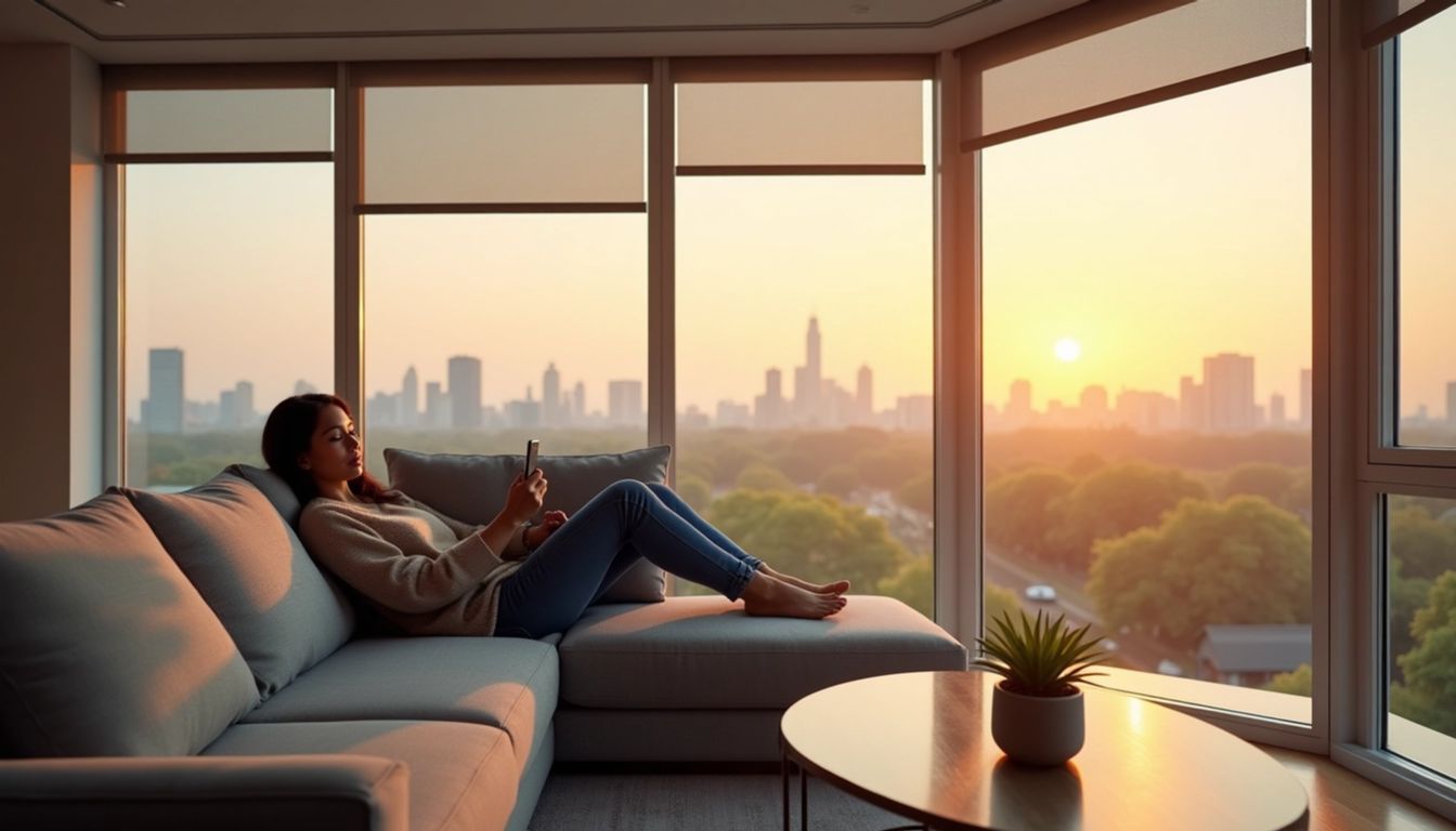 A person relaxed on a couch adjusting shades from a phone instead of getting up