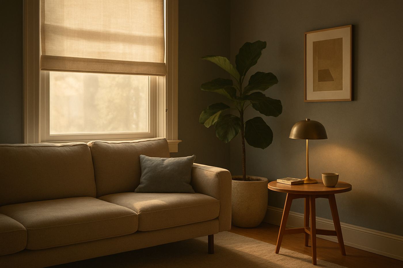 A roller shade with a beaded pull chain, half raised in morning light